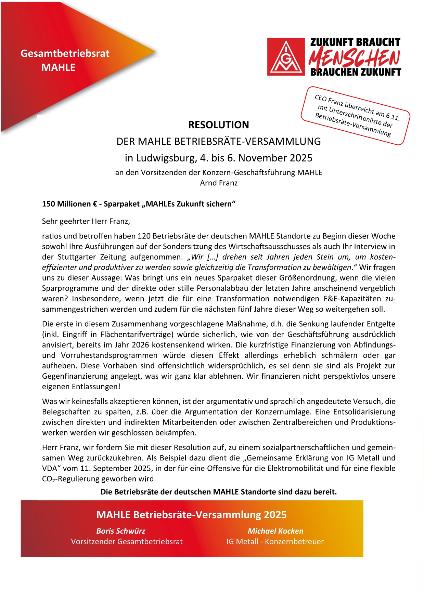RESOLUTION DER MAHLE BETRIEBSRÄTE-VERSAMMLUNG